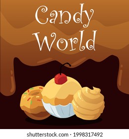 Candy world square banner template with chocolate and caramel candies in brown tints, flat vector illustration. Sweet world banner or poster layout for game or shop.