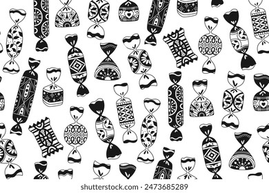 Candy wrapped sweets seamless pattern. Bonbon lollipop trendy caramel repeat boundless background. Tasty sugar snack endless doodle glyph design for paper print, fabric textile wrapper backdrop vector
