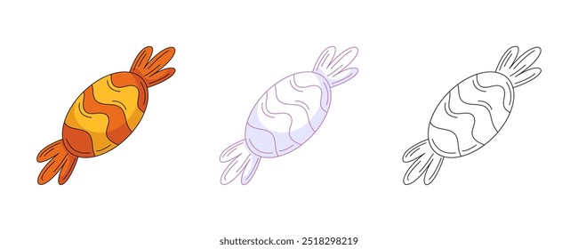 Candy in a wrapper, colorful and line icon set. Traditional halloween sweet food. Vector flat icon, monochrome purple, color, outline illustration. For logo, sticker, coloring book, label, print