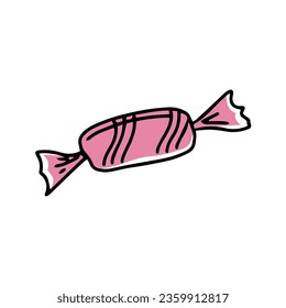 Candy in a wrapper in doodle style on a white background. Festive concept. Hand drawn vector colored outline icon.