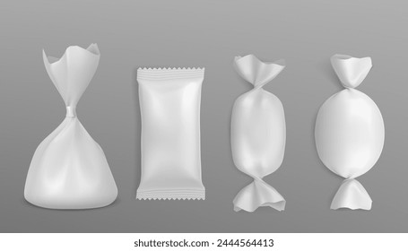 Maqueta de envoltorio de caramelo. Conjunto de Ilustración vectorial 3d realista de paquete de postre dulce de plástico blanco en blanco. Diferentes Formas de papel de aluminio bonbon o Plantilla de envoltura de chocolate. Paquete de dulces vacío.