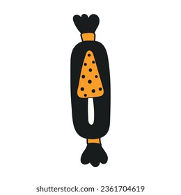 Dulces en envoltura con hongos dibujados a mano en la ilustración de Halloween. Diseño de líneas de dibujos animados, vector aislado. Menores de estacional, vacaciones de otoño, truco o trato tradicional, comida dulce