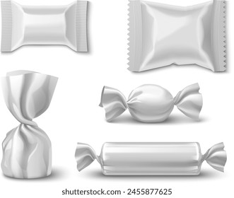 Conjunto de envoltura de caramelo aislado sobre fondo blanco. Ilustración realista de Vector de dulces cuadrados y redondos embalados en paquete de papel de aluminio con superficie en blanco para la marca, caramelo o maqueta de aperitivo de galletas