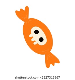 Candy in wrapper with skull hand drawn Halloween illustration. Cartoon style flat design, isolated vector. Kids seasonal print element, autumn holiday, trick or treat tradition, sweet food