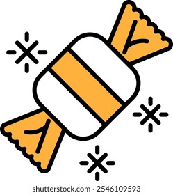 A candy wrapper with a white stripe and orange stripe. The candy wrapper is decorated with snowflakes