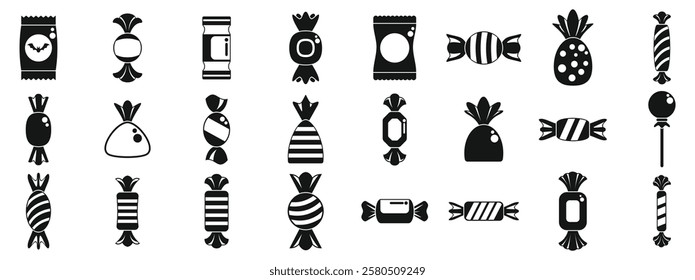  Candy wrappers icons set. Black candy icons represent a variety of sweet treats, wrapped and ready for enjoyment