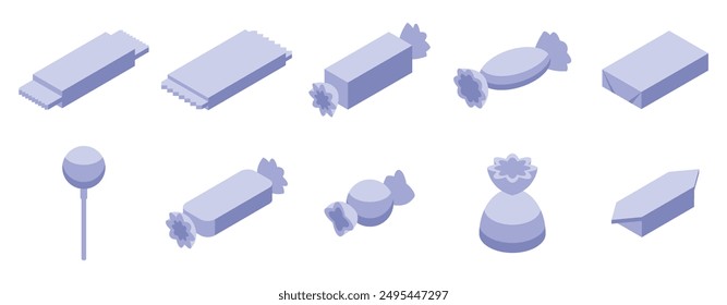 Candy wrappers icons set. Different types of sweets and candies packaging are shown from an isometric view