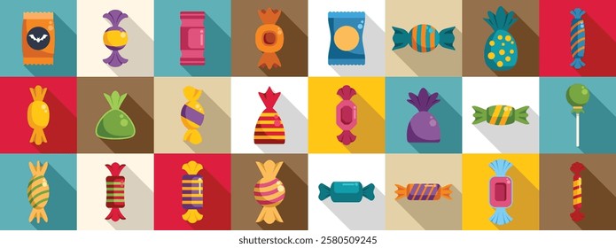  Candy wrappers icons set. Flat design icons of assorted wrapped candies, lollipops, and sweet snacks, showcasing a variety of shapes, colors, and packaging styles