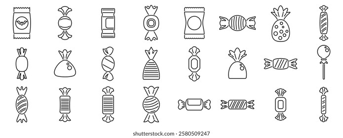  Candy wrappers icons set. Line art icons representing various types of candy, caramel, and chocolate, ideal for projects related to confectionery, sweet treats, or halloween