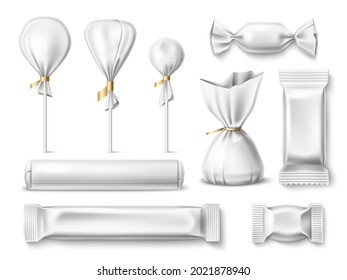 Candy wrappers. Realistic different sweets white empty paper and plastic packaging, sugar food delicious products blank mockup. Vector set