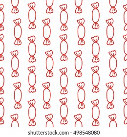 Candy in wrappers, red line vector seamless pattern. Hand drawn tileable background, design element for sweet-shop or pastry-shop flyer, banner, coupon, greeting card and other print advertising