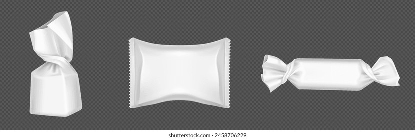 Candy wrappers set isolated on transparent background. Vector realistic illustration of white paper wrap with blank space for branding, snack mockup, plastic material for food packaging production