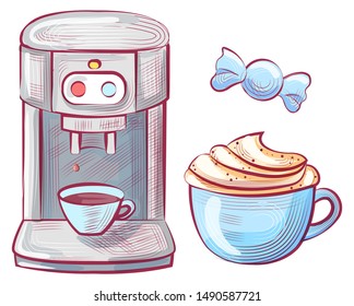 Candy in wrapping served with coffee poured in cup with plate vector. Coffeemaker machine with buttons for beverage making flat style latte brewery