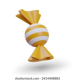 Candy in yellow wrapper in cartoon style. Sweets for Halloween. Trick or treat funny candy concept. Vector illustration in 3d style with shadow and white background