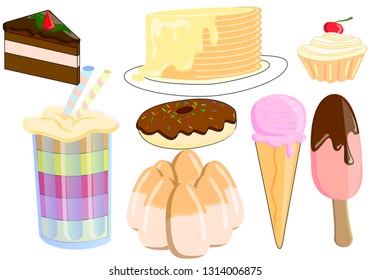 Candy.A collection of delicious sweets for those who love sweets. Pancakes with syrup, fruit ice cream, chocolate ice Cream, donut with chocolate icing, a Piece of delicious chocolate cake, cupcake wi