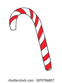 Candycane, Christmas. Caramel, sweetness, striped red and white. Freehand drawing, vector. 