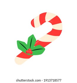 Candycane flat vector abstract element. Christmas treat RGB color clipart. Candy cane with mistletoe. Traditional festive sweet. Striped lollipop isolated organic shape on white background