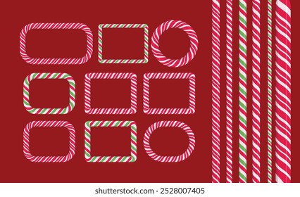 Candy-cane style frames and borders for Christmas designs. Vector collection of isolated elements perfect for greeting cards or website decorations.