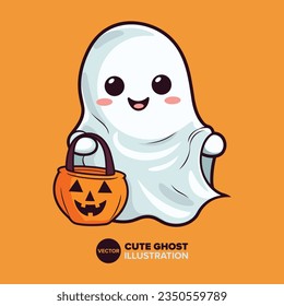 Candy-Collected Fun: Cute Ghost with Pumpkin Basket in Vector Cartoon Illustration