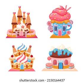 Candyland chocolate biscuit houses, sweet castles set made from chocolate and dessert, candy and cake, fantasy from childhood illustration