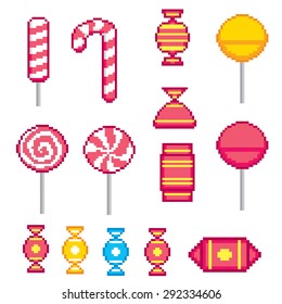 Candys Pixel Icons Set. Old School Computer Graphic Style.