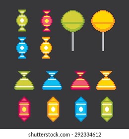 Candys pixel icons set. Old school computer graphic style.