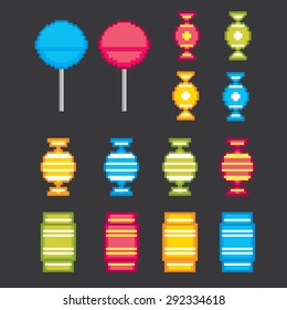 Candys pixel icons set. Old school computer graphic style.