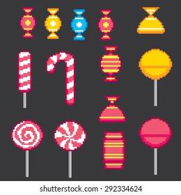 Candys pixel icons set. Old school computer graphic style.