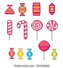 Candys pixel icons set. Old school computer graphic style.