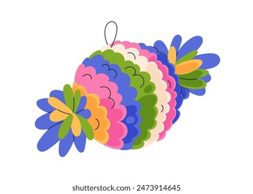 Candy-shaped pinata toy with sweets. Colorful festive Mexican holiday adornment. Traditional ornament, decoration with surprise. Funny gift. Flat vector illustration isolated on white background