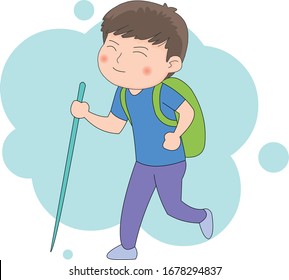 With a cane and a backpack A walking man illustration.