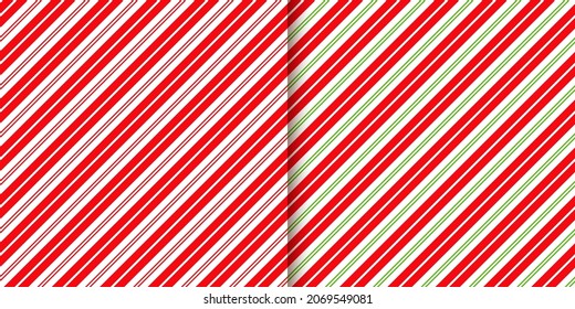 Cane candy pattern. Christmas striped seamless background. Stripes diagonal red green wrapping paper. Abstract texture. Holiday peppermint print. Vector illustration. Sugar lollipop backdrop. 