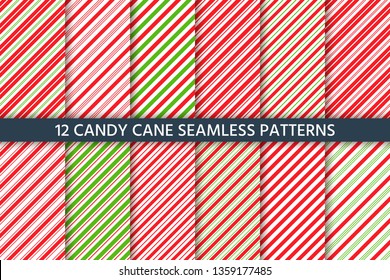 Cane Candy Pattern. Vector. Christmas Seamless Background.  Holiday Diagonal Red Green Wrapping Paper. Stripe Traditional Peppermint Backdrop. Sugar Lollipop Illustration.