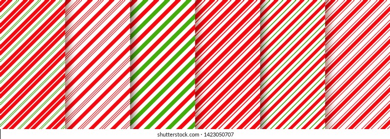 Cane candy pattern. Vector. Christmas seamless background.  Stripes diagonal red green wrapping paper. Holiday traditional peppermint backdrop. Sugar lollipop illustration. 
