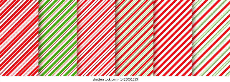 Cane candy pattern. Vector. Christmas stripes seamless background. Diagonal red green peppermint backdrop. Holiday traditional wrapping paper. Sugar lollipop illustration. 