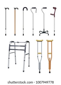 Cane, crutch and walkers. Set of special auxiliary means of transportation for people with musculoskeletal system diseases. Realistic objects on white background. Vector illustration.