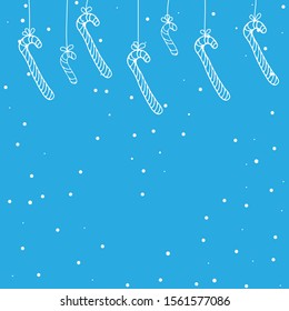 Cane hanging on threads. Blue background with snowflakes. Festive background decoration. Vector holiday illustration. Winter holiday decor. Merry Christmas.