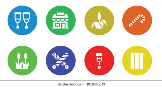 cane icon set. 8 filled cane icons.  Simple modern icons such as: Crutches, Reed, Candy shop, Liquorice, Bulrush, Crutch, Candy cane, Chewing gum