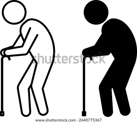 Cane Icons. Black and White Vector Illustrations. Bent Old Man Leaning on Cane. Illness, Medicine. Disability Concept