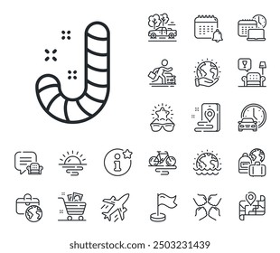 Cane lollypop sign. Plane jet, travel map and baggage claim outline icons. Christmas candy line icon. Candy line sign. Car rental, taxi transport icon. Place location. Airport lounge. Vector