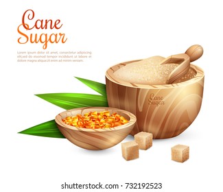 Cane sugar background with realistic images of wooden tub filled with granulated sugar and sweet candies vector illustration