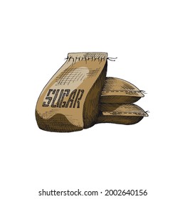 Cane sugar bags stack, hand drawn engraving vintage style vector illustration isolated on white background. Sugar harvest cargo agricultural fabric sacks.