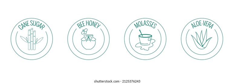 Cane Sugar, Bee Honey, Molasses, Aloe-Vera Icon Set Vector Illustration  