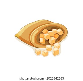 Cane sugar lump in a bag on a white background. A product made from sugar cane. Vector illustration.