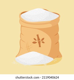 Azúcar de caña en una bolsa de lona abierta. Un montón de azúcar suelto. Embalaje de azúcar blanco, ilustración vectorial de estilo caricatura.