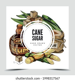 Cane sugar and rum decorative frame or label, hand drawn engraving vintage style vector illustration isolated on white background. Sugarcane products emblem.