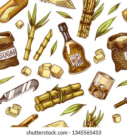 Cane sugar Seamless pattern. Sugarcane plants. Stalks and bottle of rum, Wooden plate spoon, Cubes and juice, Bamboo, signboard inscription. Engraving Hand drawn food and natural ingredients.