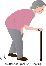 Cane walking, rehabilitation, grandmother, T-cane for elderly with round back and poor posture