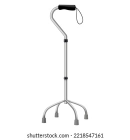 Cane for walking stick with handle realistic vector illustration. Metallic crutches with additional support medical device disabled with elbow crutch. Movement help for injury rehabilitation patient