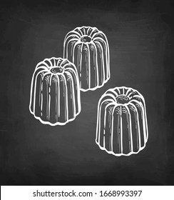 Canele. French pastry. Chalk sketch on blackboard background. Hand drawn vector illustration. Retro style.